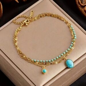 18k Gold Chic Boho Triple Layered Turquoise  Bracelet